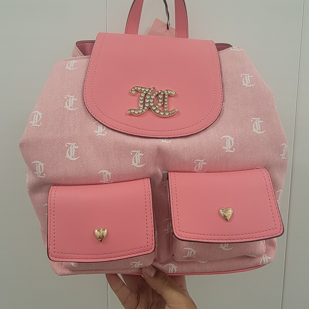 NEW! Juicy Couture Pink & White Glitter "Pack It Up" Multi Pockets Chic Backpack